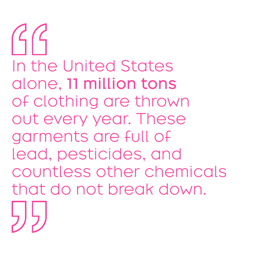In the United States alone, 11 million tons of clothing are thrown out every year. These garments are full of lead, pesticides, and countless other chemicals that do not break down.